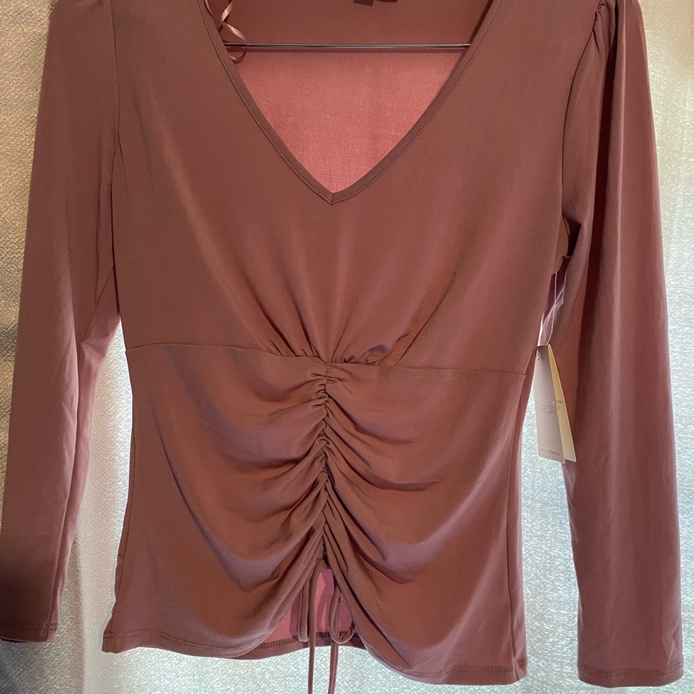 Meraki size large blush purple long sleeve with ruched in the front of shirt.